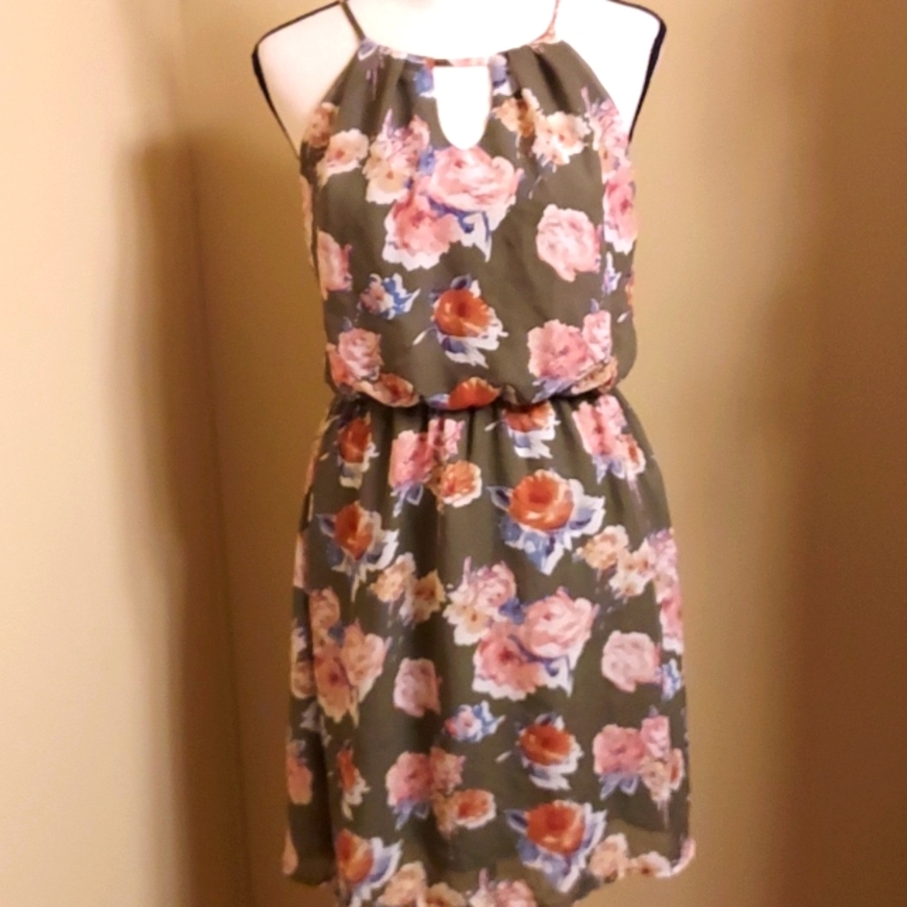 Floral Sleeveless Dress - Green and Pink